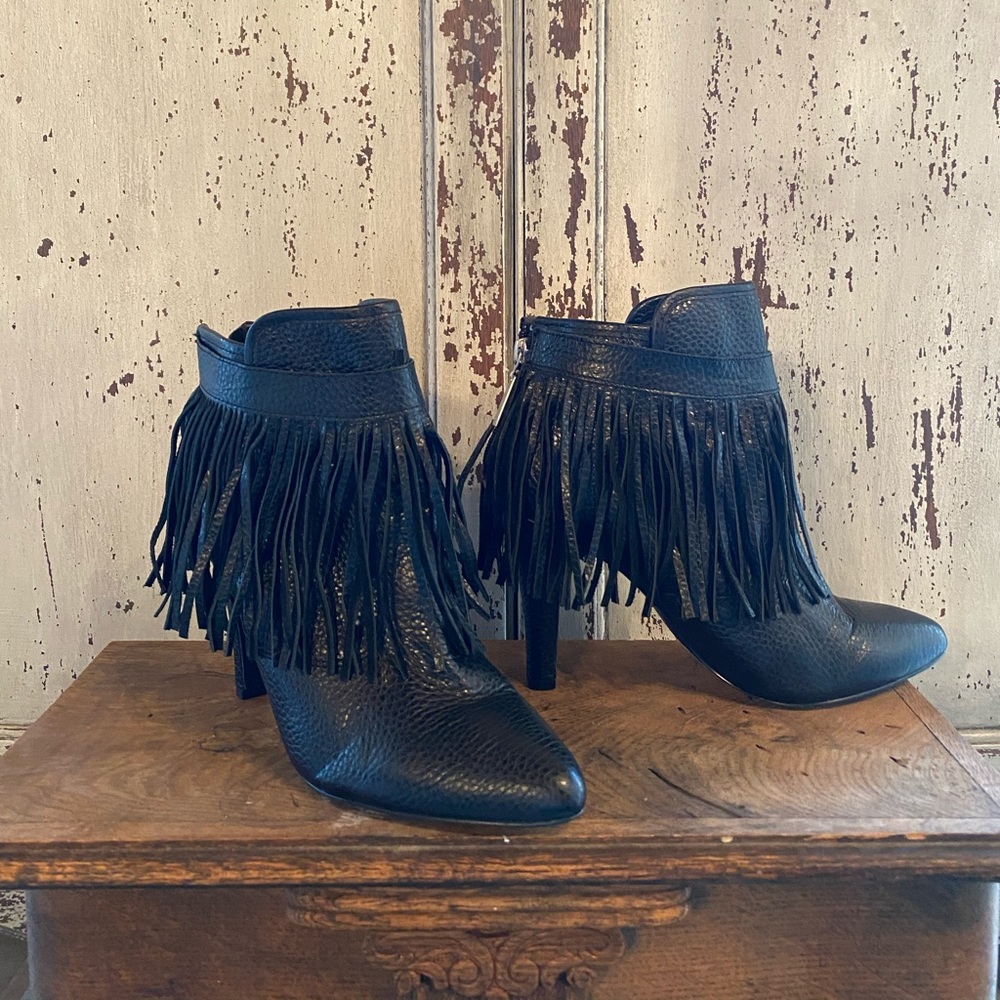 Black Leather Fringe Booties